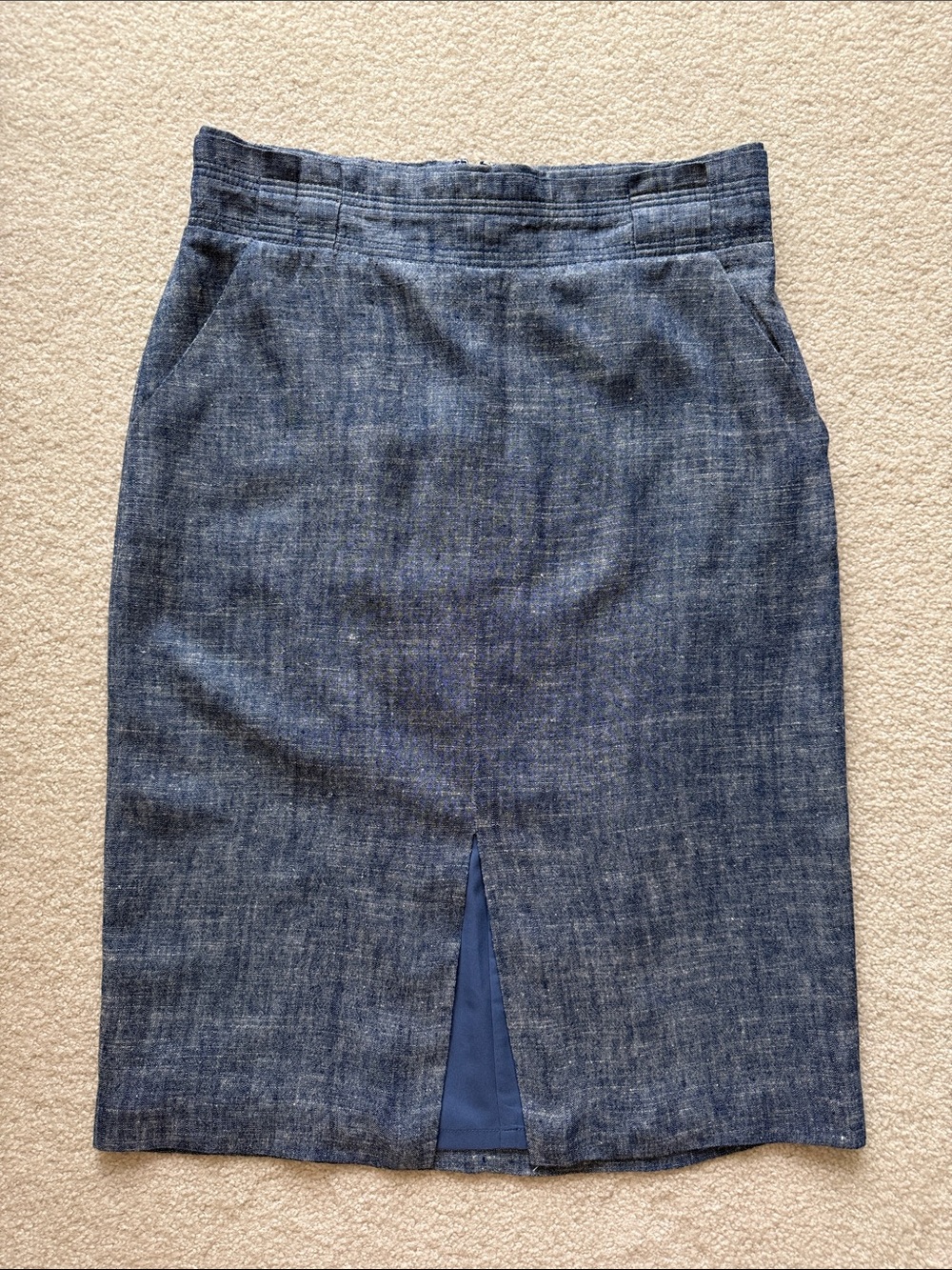 Ann Taylor Blue Chambray Linen Blend High Waist Pencil Skirt Front Slit Size 8